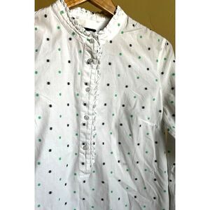 TALBOTS White Long Sleeve Polka Dots Button Up Size M Ruffle Trim Green Blue